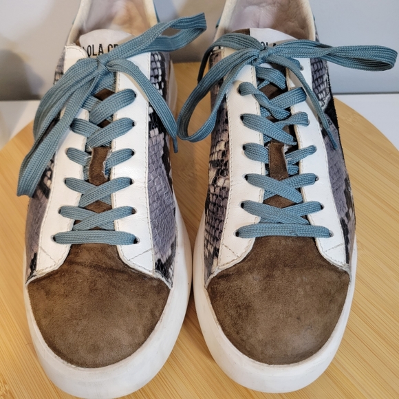 LOLA CRUZ leather brown suede snake print lace up casual fashion sneakers - Picture 6 of 13